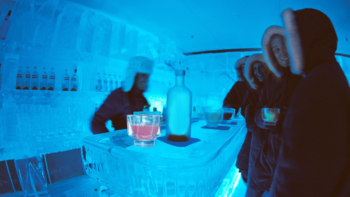Customers enjoy a cool beverage at Minus5 Ice Bar in Las Vegas, where everything is made of ice.