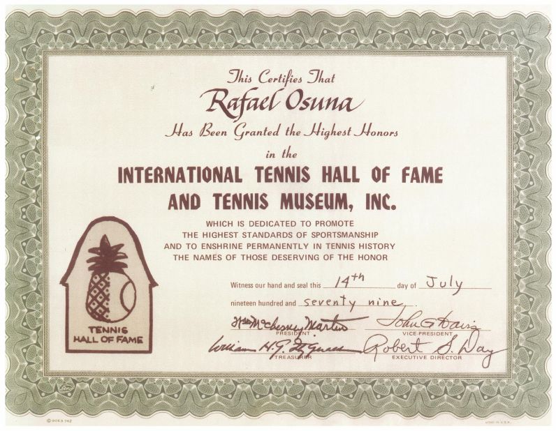 The official certificate to confirm Rafael Osuna's elevation to the tennis Hall of Fame in 1979.