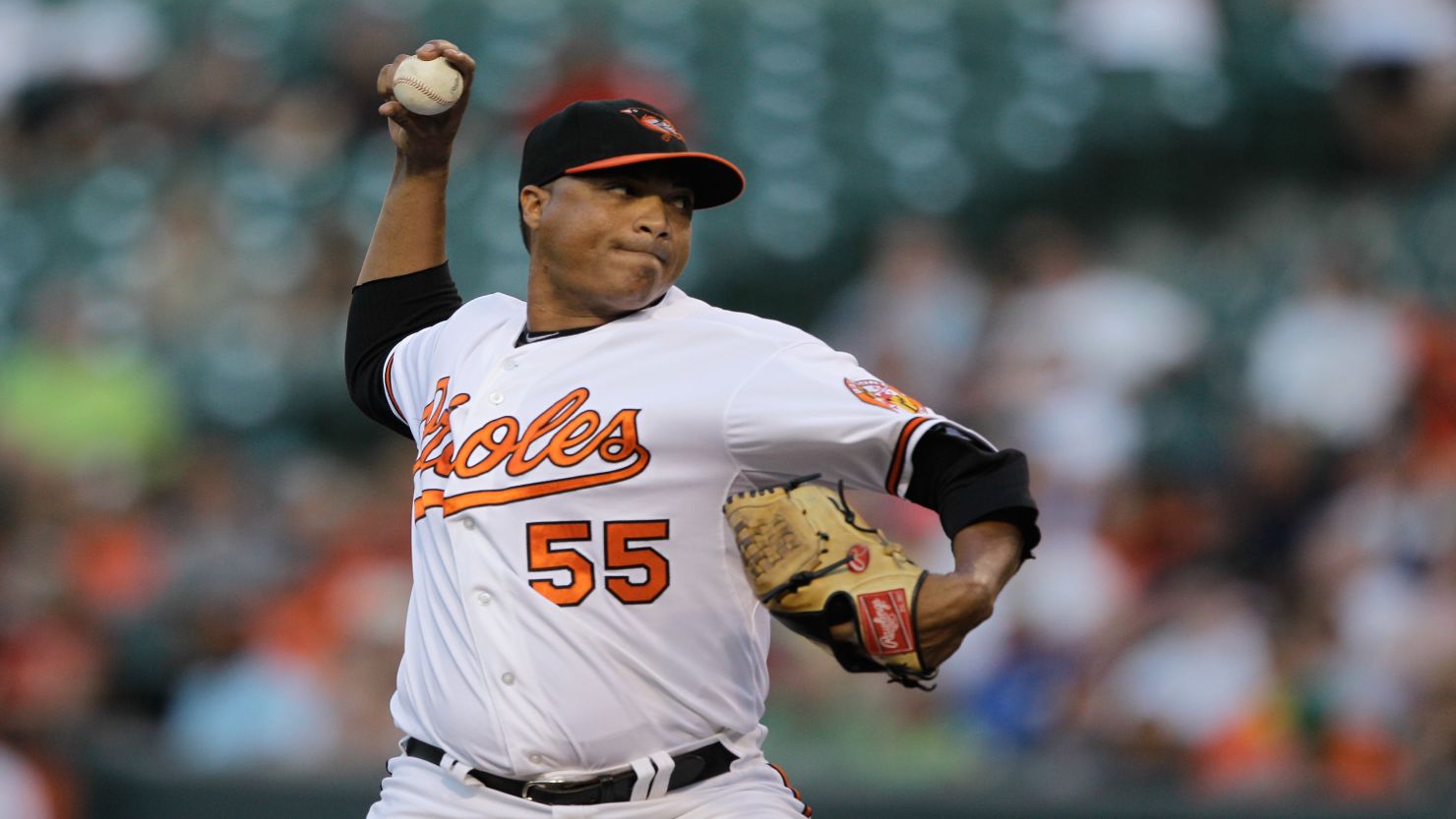 Starting pitcher Alfredo Simon #55 of the Baltimore Orioles as pictured at Oriole Park on July 16 in Baltimore, Maryland.