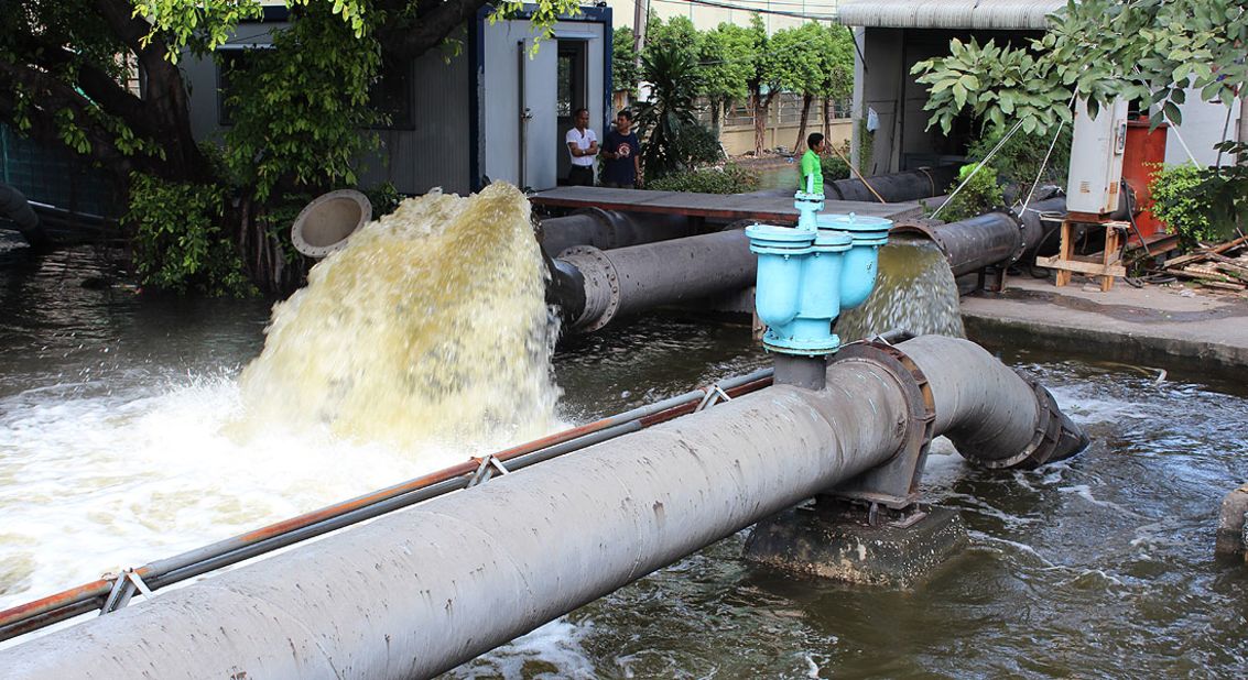 Bangkok's commercial district is dry thanks in part to these giant pumps, which suck in the floodwater flowing down from the north of the city and disperse it via the city's canals.