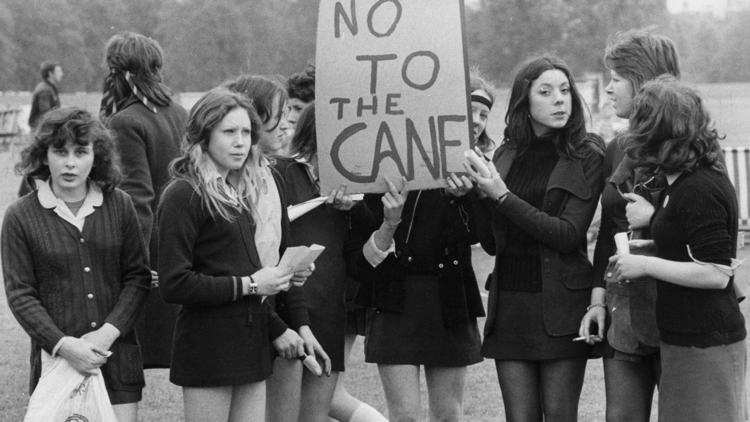 School children hold a demonstration in London's Hyde Park in 1972 against caning in schools.