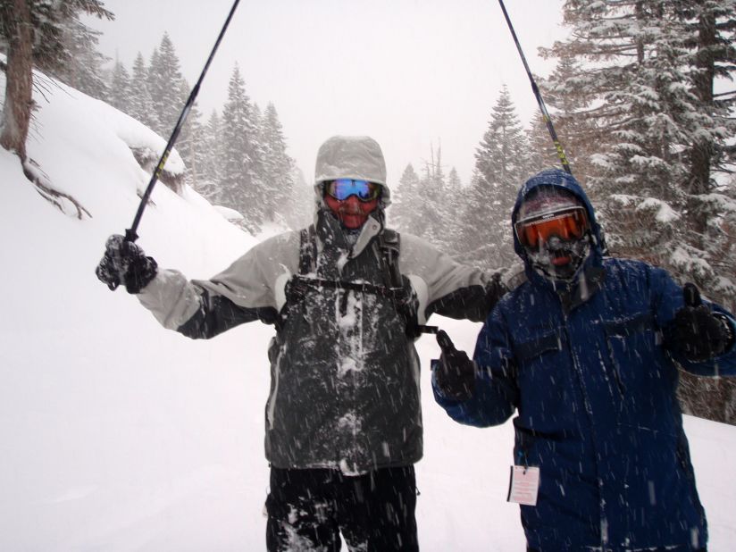 Patrick Kerr, left, poses with his "ski buddy" Mike Sheehy after "the best ski day ever." "It had been snowing all day and it was fresh powder up to our knees with nary a soul around. This was at the end of our last run."
