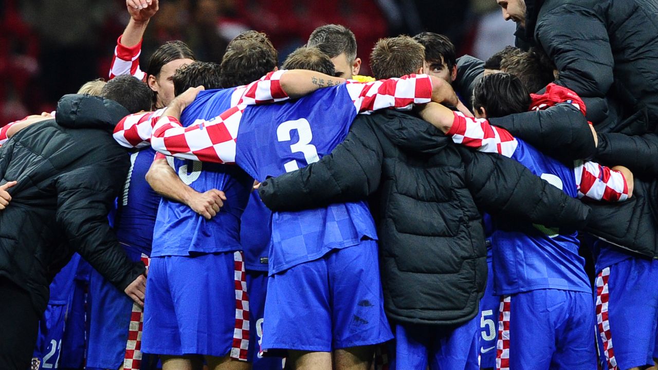The delighted Croatia players celebrate their emphatic 3-0 win over Turkey in Istanbul  
