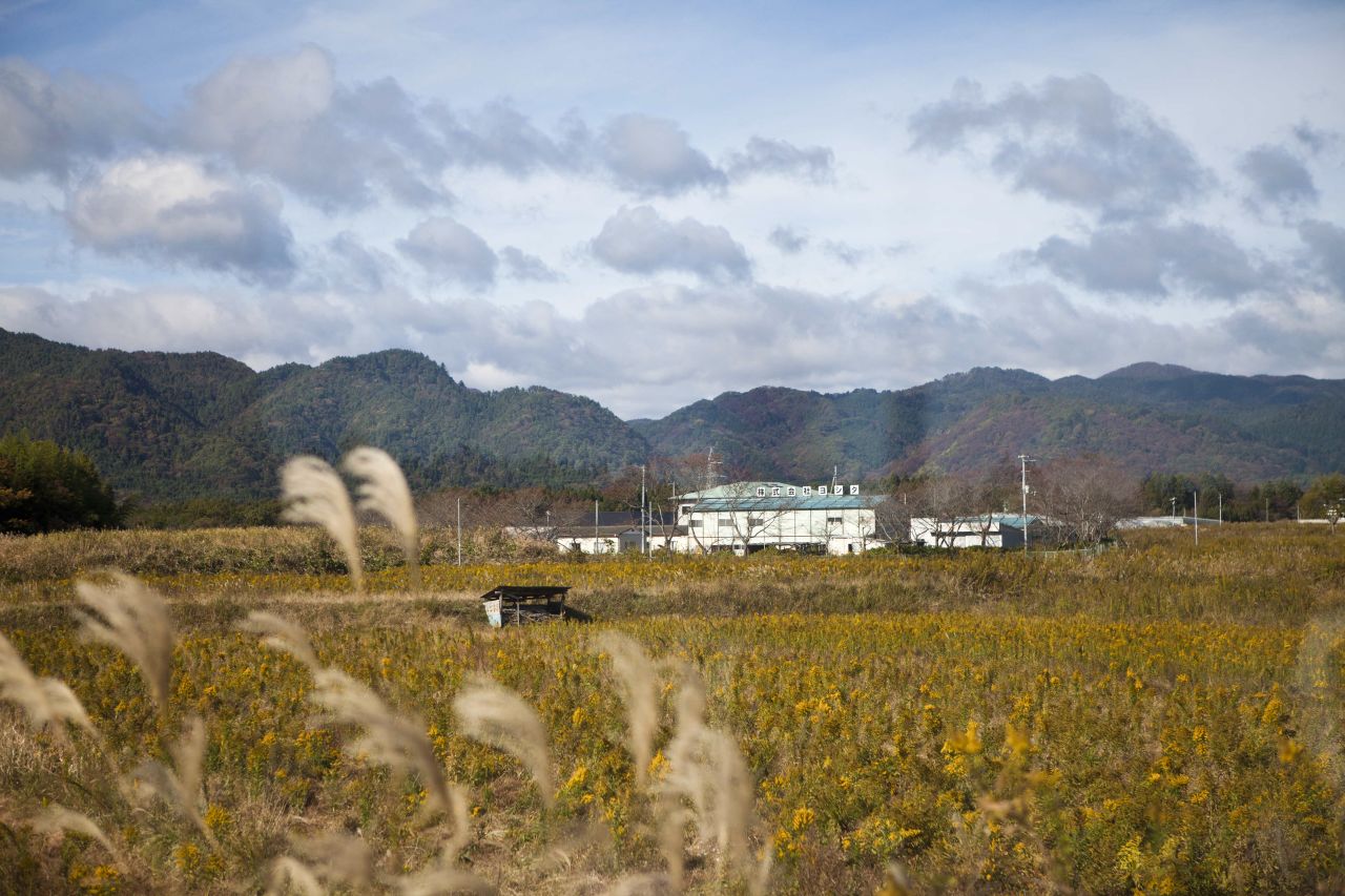 A deserted field and buildings inside the contaminated exclusion zone around the crippled nuclear power station are seen through the bus window.