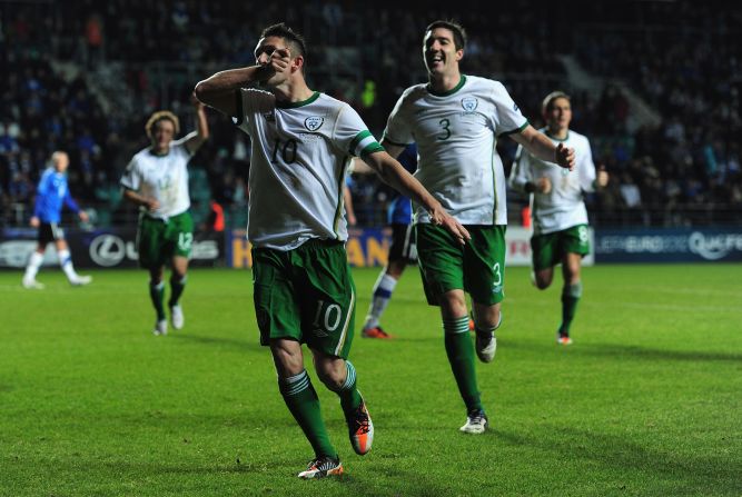 The Republic of Ireland routed Estonia 4-0 in Talinn, a result which should see Giovanni Trapattoni's team reach a major tournament for the first time since the 2002 World Cup. The Irish have only once qualified for the Euro finals, in 1988. Estonia had hoped for a historic first finals appearance after surprisingly finishing above Serbia and Slovenia in Group C.