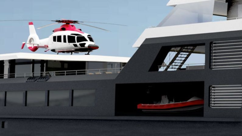 There is an helipad on deck and a hangar below, meaning that a helicopter is protected from the elements and can stay on board.