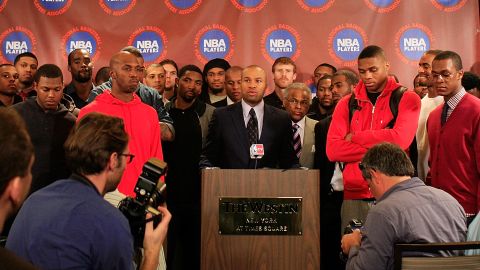 Derek Fisher, president of the NBA Players Association speaks at a press conference on November 14 in New York.