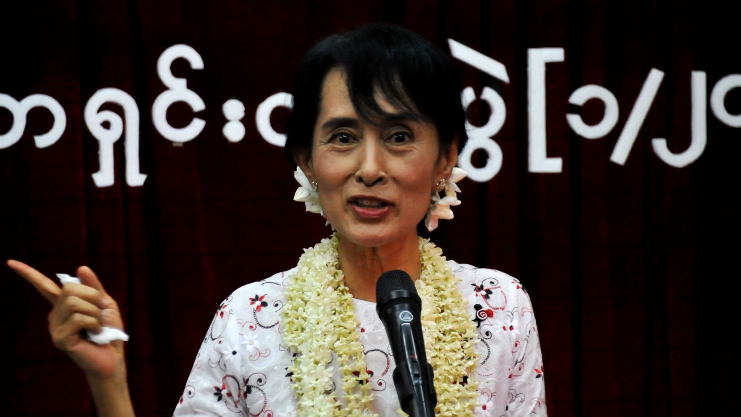 Aung San Suu Kyi talks at press conference on the anniversary of her release in Yangon, Myanmar on November 14.
