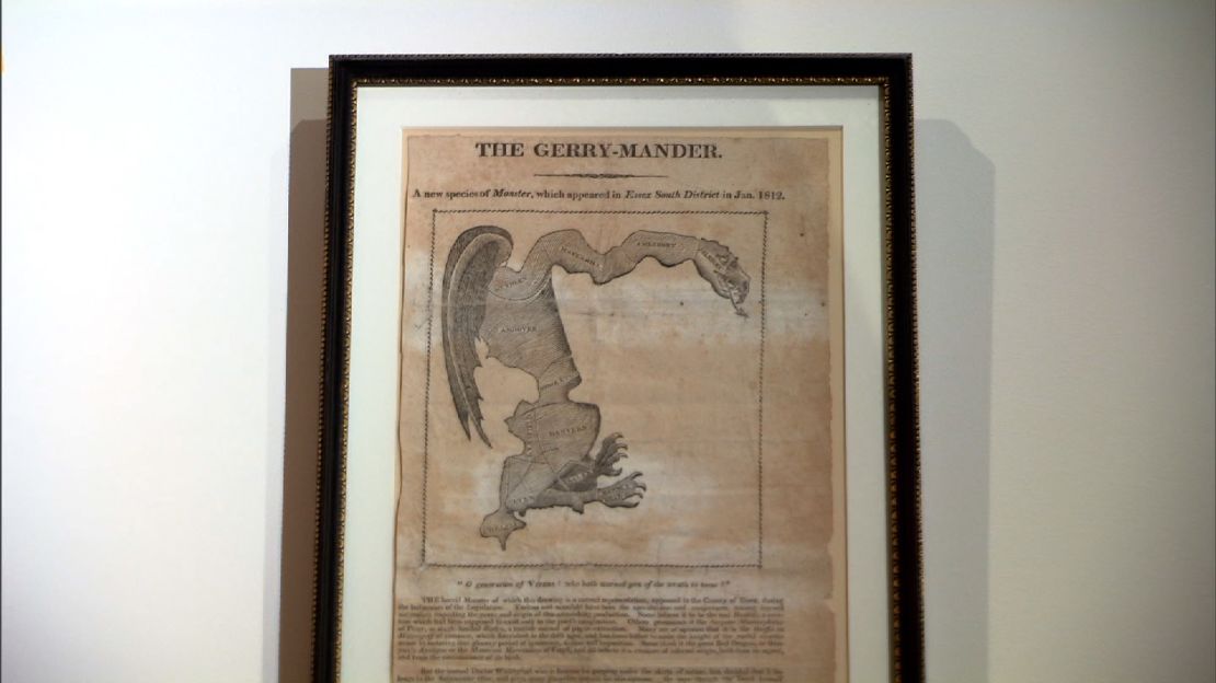 An 1812 cartoon described as a "Gerrymander" lampooned a legislative district drawn by Massachusetts Gov. Eldridge Gerry. 
