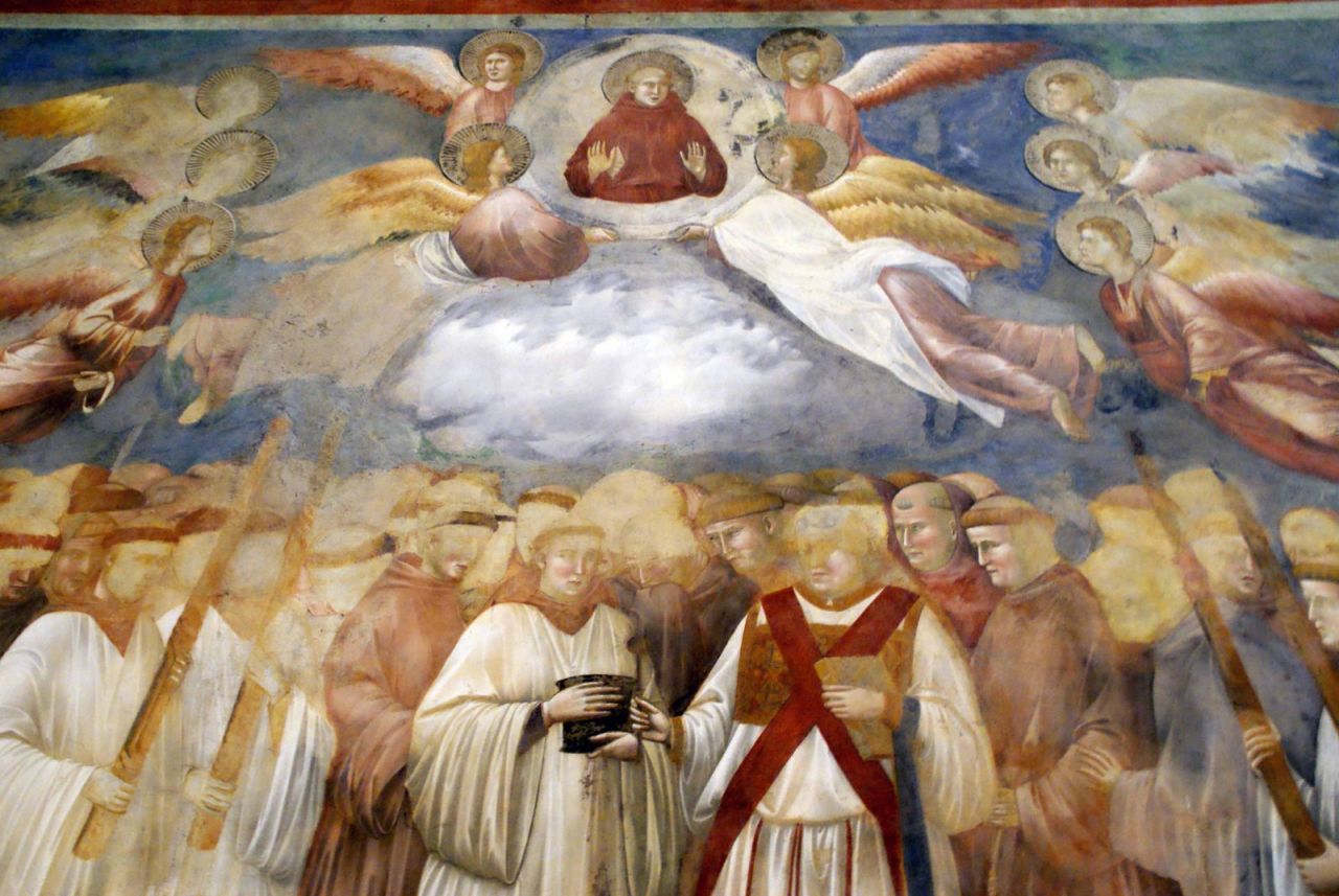 Giotto's fesco of the ascension of St. Francis in the Basilica of St. Francis in Assisi. <br /><br />A devil's face was recently discovered in the swirling cloud at the center of the fresco. 