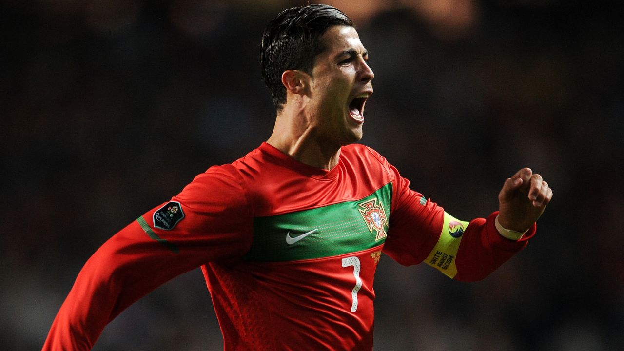 Cristiano Ronaldo celebrates his opening goal for Portugal in Lisbon from a free-kick. 