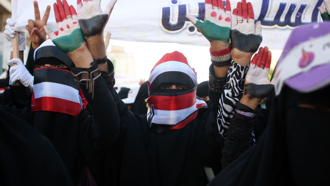 Yemeni anti-regime protesters take part in a protest in Sanaa, demanding President Ali Abdullah Saleh steps down as president.