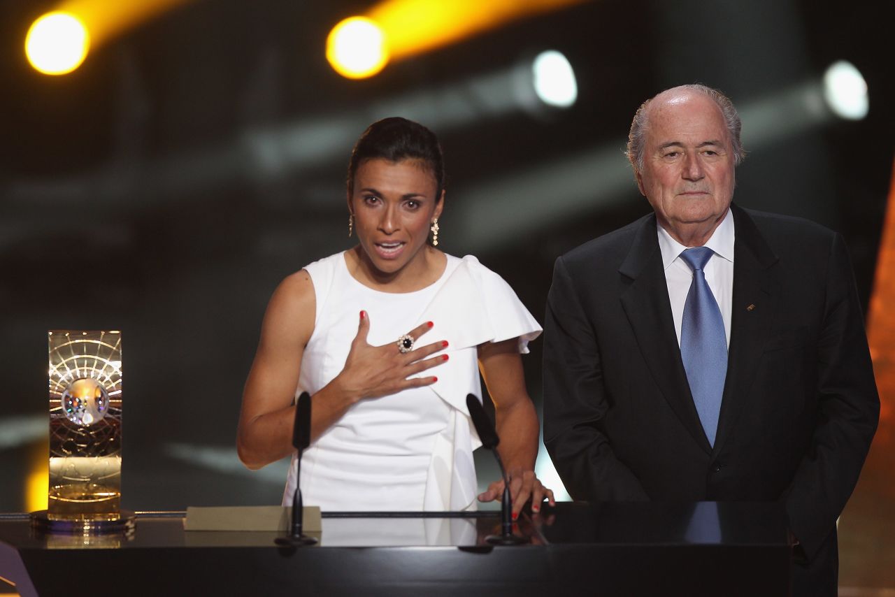 In 2004, Blatter -- seen here with Brazil star Marta -- angered female footballers with his suggestion for how the women's game could be made more appealing. "They could, for example, have tighter shorts," said the Swiss. "Let the women play in more feminine clothes like they do in volleyball."