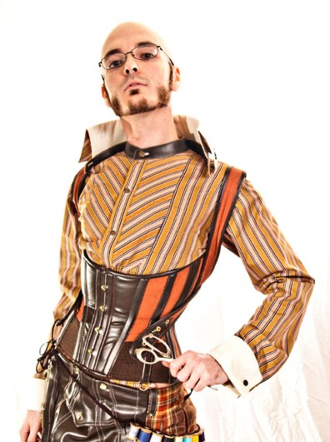 Steampunk designer Anthony Canney models one of his designs.