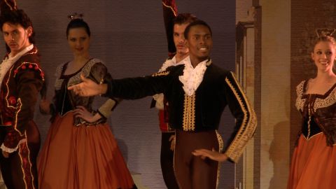 Performing on stage in South Africa. Ndlovu is one of a select few black ballet dancers to break through in to the highest echelons of the ballet world.