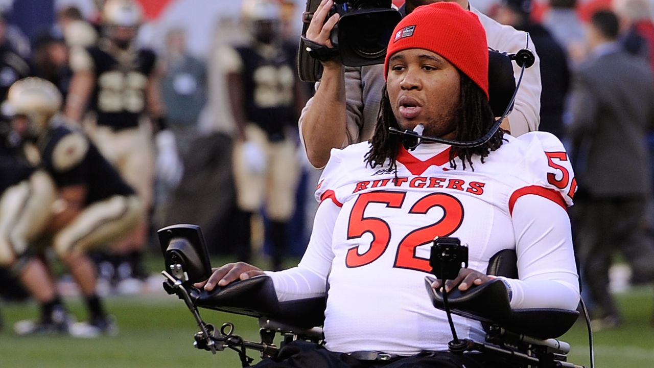 Former Rutgers football player Eric LeGrand participates in the coin toss before last week's Rutgers v. Army game. 