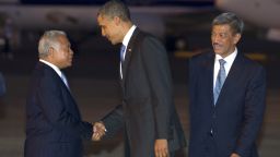 U.S. President Barack Obama greets Indonesian Minister of Defence Purnomo Yusgiantoro upon arrival in Indonesia.