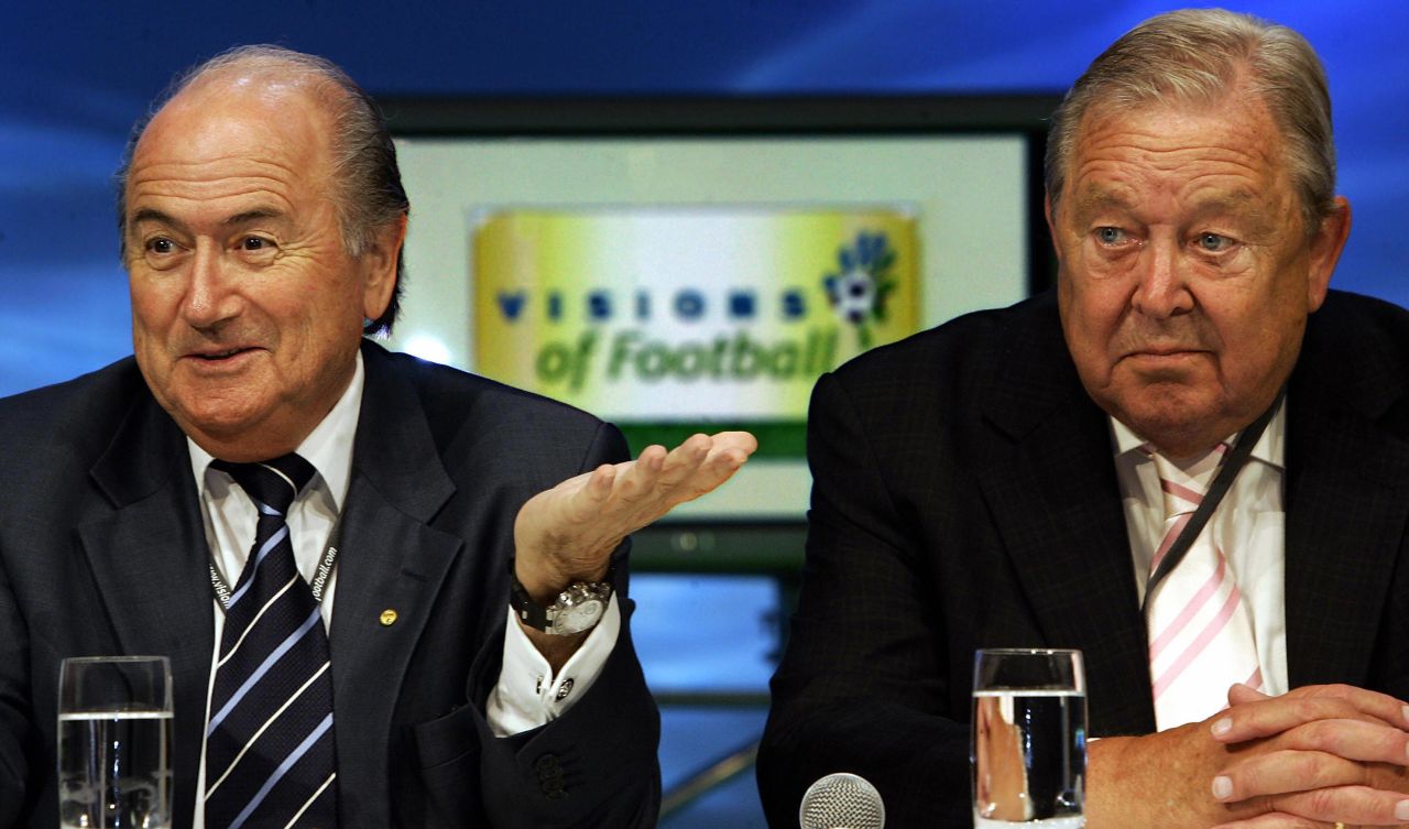 Blatter faced a criminal investigation after winning the 2002 FIFA presidential election, being accused of financial mismanagement by 11 former members of the ruling body's executive committee, including his 1998 election rival Lennart Johansson, right. However, prosecutors dropped the case due to a lack of evidence.