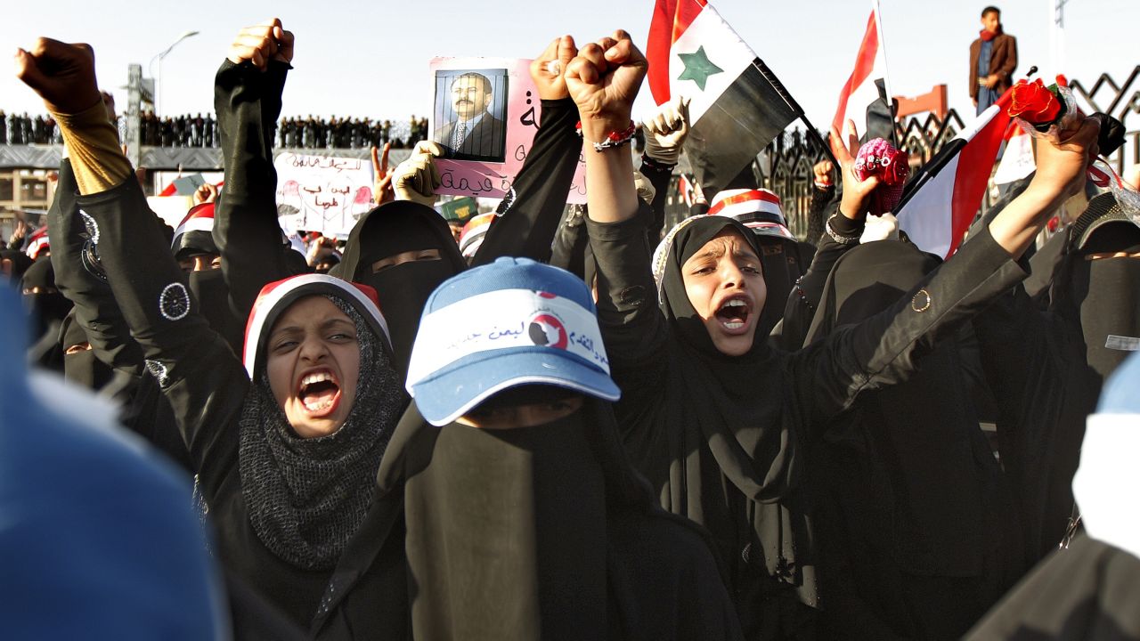 Yemeni women chant slogans against embattled president Ali Abdullah Saleh during a pro-democracy demonstration in Sanaa on October 24, 2011.