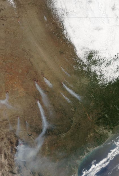 "We're actually seeing Texas <a href="http://edition.cnn.com/2011/US/04/20/texas.fires/index.html">burn from border to border.</a>.." Texas Forest Service spokesperson April Saginor said. More than a million acres were burned in just over two weeks during April, according to the Forest Service. Strong winds, warm temperatures, dry vegetation, and low humidity also contributed to hazardous fire conditions, according to NASA. 