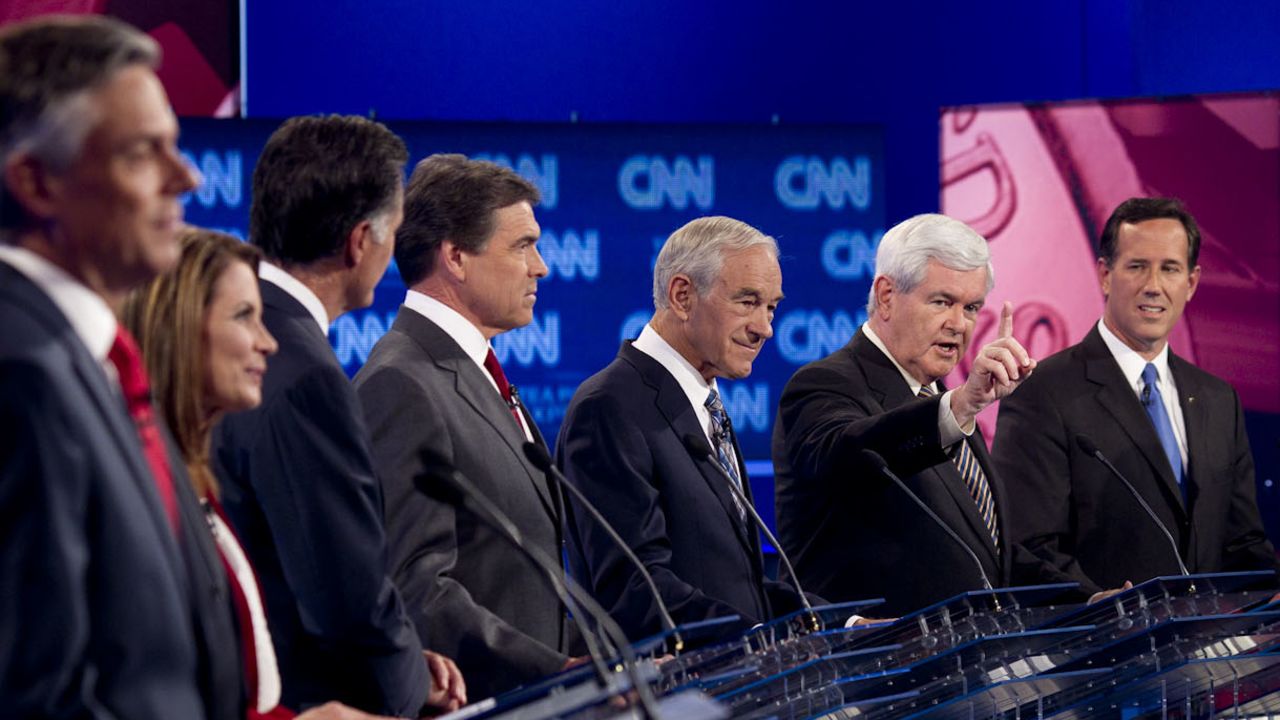 GOP candidates, shown at an earlier debate, will discuss foreign policy in another debate Tuesday evening.