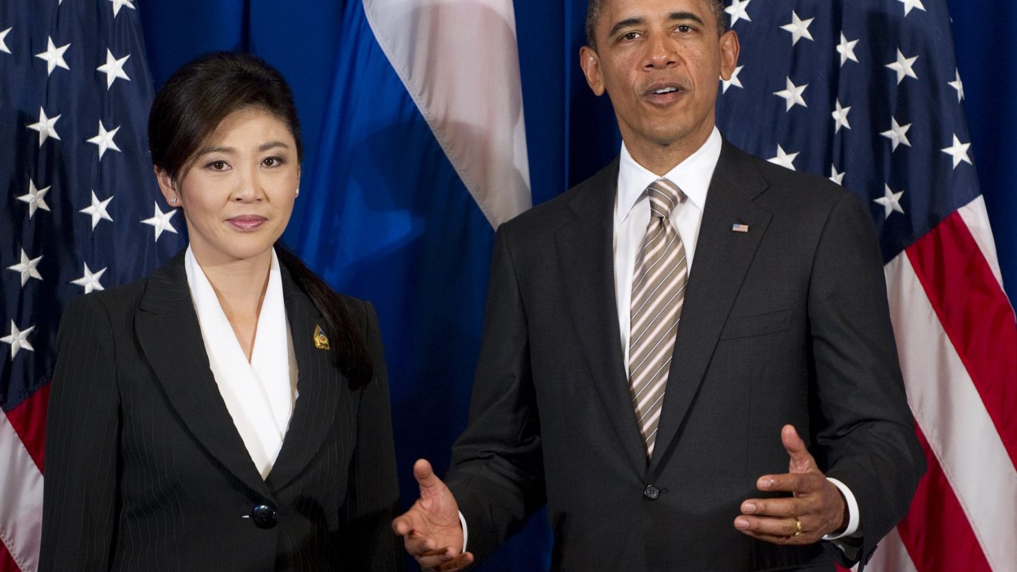 U.S. President Barack Obama speaks alongside Thailand Prime Minister Yingluck Shinawatra at the East Asia Summit on November 19.