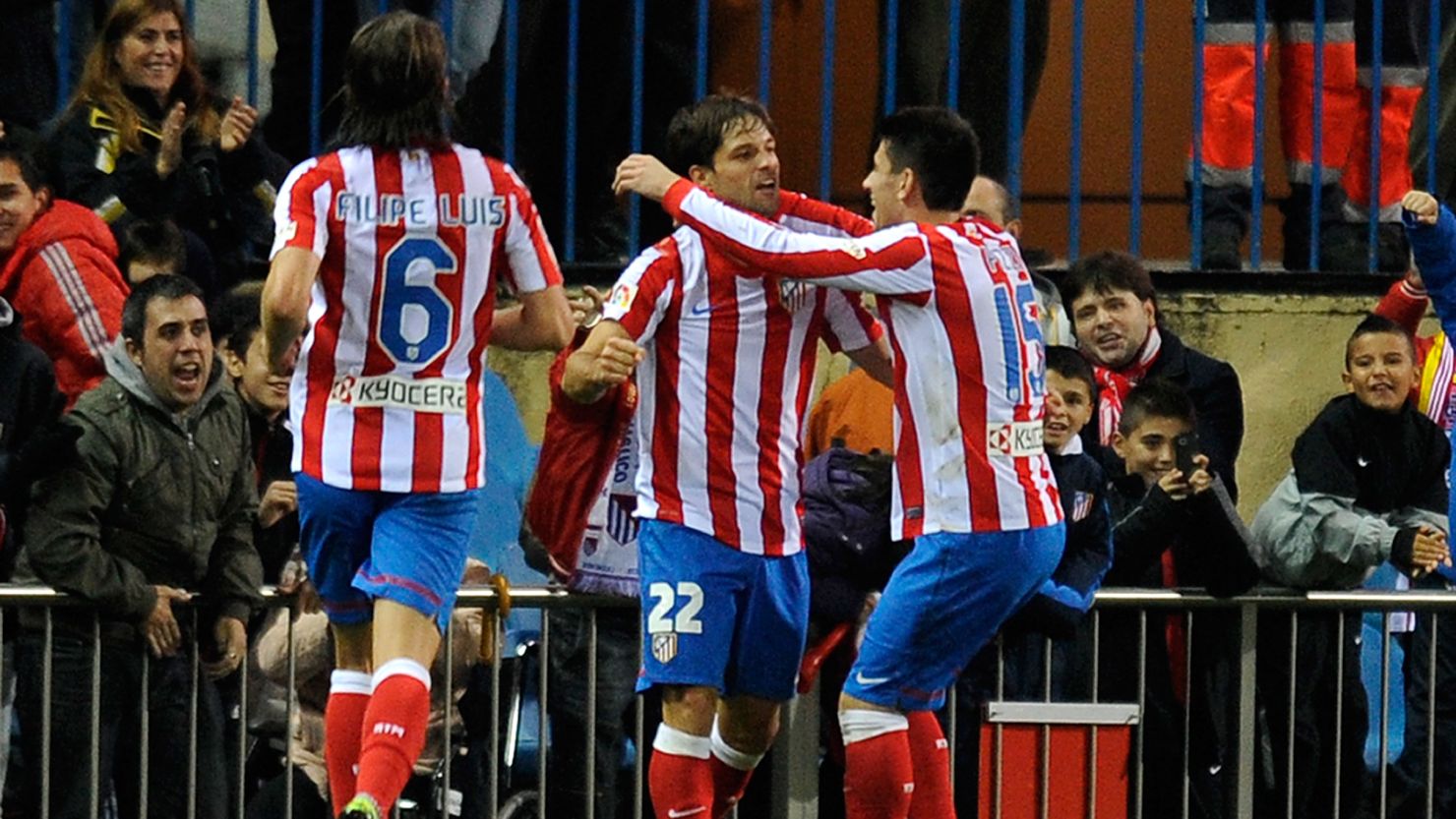 Diego (center) celebrates his goal as Atletico Madrid inflicted a third successive defeat on Levante.