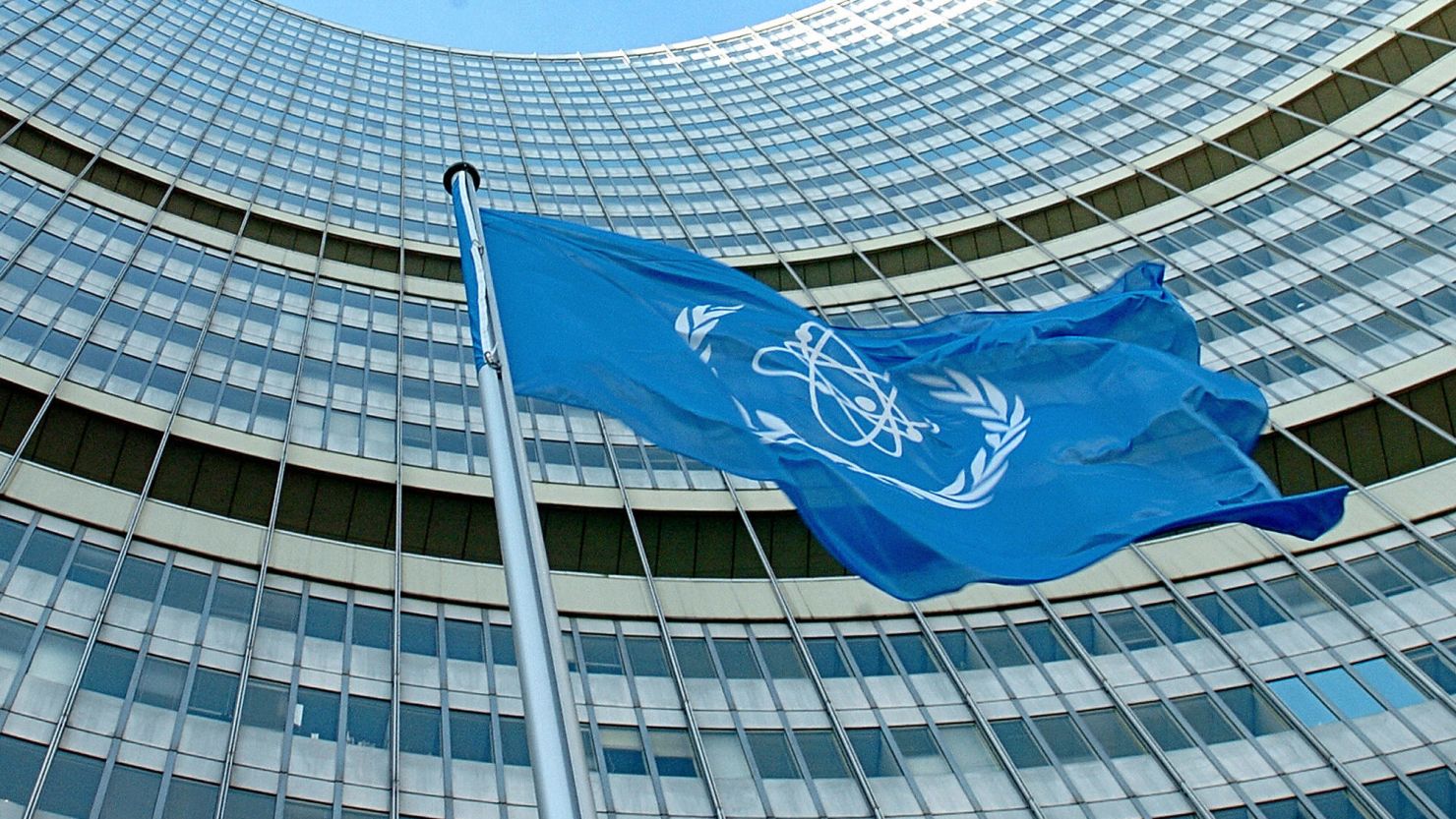 The IAEA flag flatters in the wind in front of the International Atomic Energy Agency headquarters in Vienna.