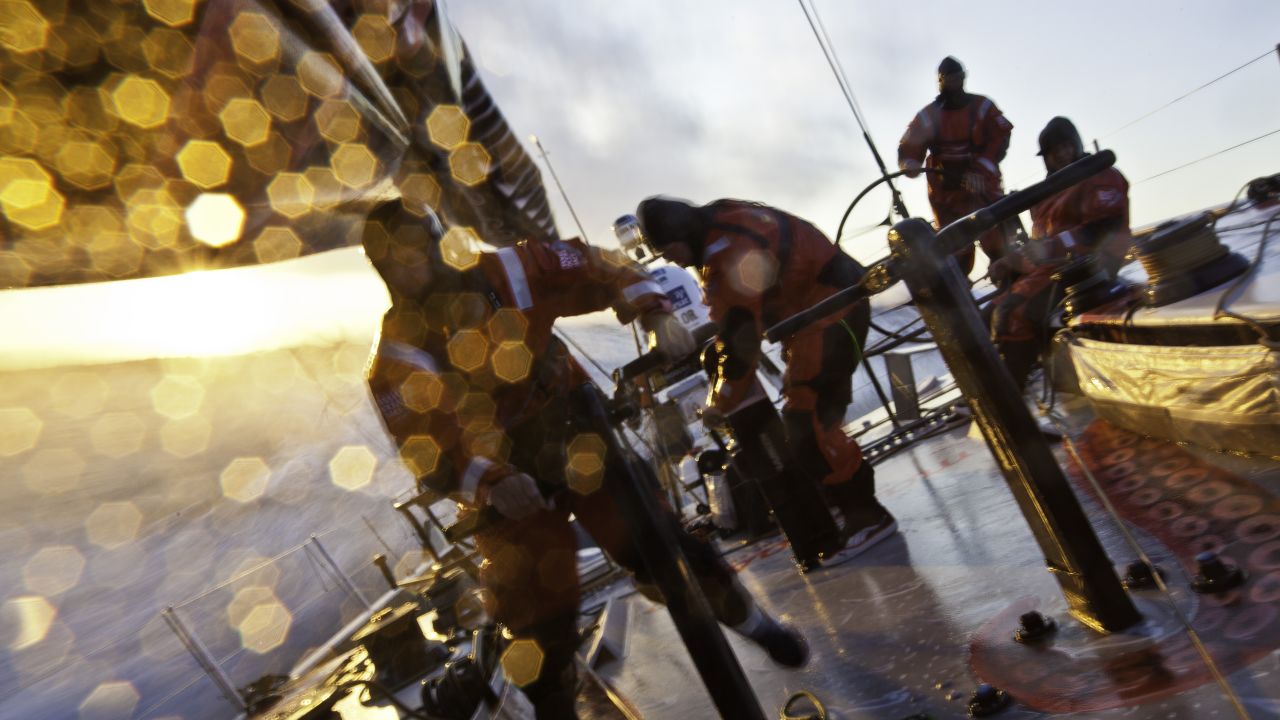 Crew members on board 'PUMA Ocean Racing powered by BERG', during the first leg of the Volvo Ocean Race on November 6. 