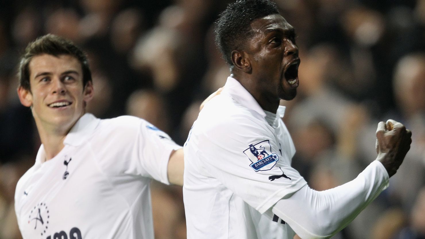Emmanuel Adebayor celebrates scoring for Tottenham while on loan at the London club last season.