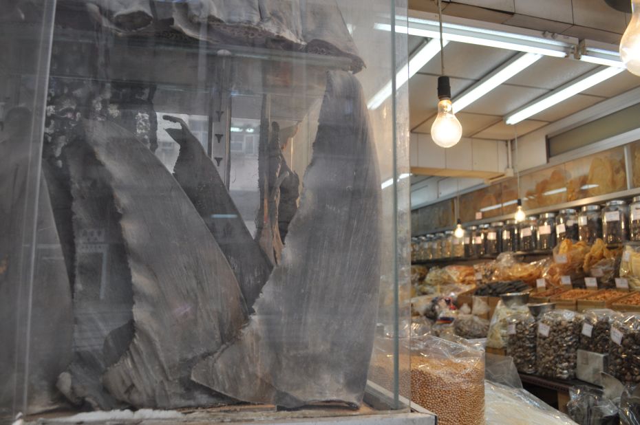 Shark fins are displayed at a dried sea food store on Hong Kong's Dried Seafood Street. 