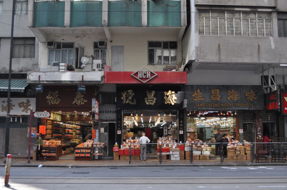 Almost all of the stores on this stretch of Des Voeux Road West in Hong Kong are dedicated to selling dried seafood products like shark fins and sea cucumbers. 