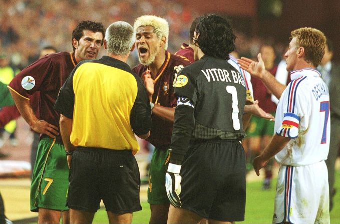 Austrian referee Gunter Benko awarded France a penalty after Portugal's bleach-blonde defender Abel Xavier had handled on the line in their Euro 2000 semifinal in Brussels. Zinedine Zidane stroked home the spot-kick with just six minutes left of  extra time to put France through on the golden goal. Portugal were incensed with the decision and argued their case far too strongly for UEFA's liking. The chief culprit was Xavier himself who copped a six-month ban for his protestations. 