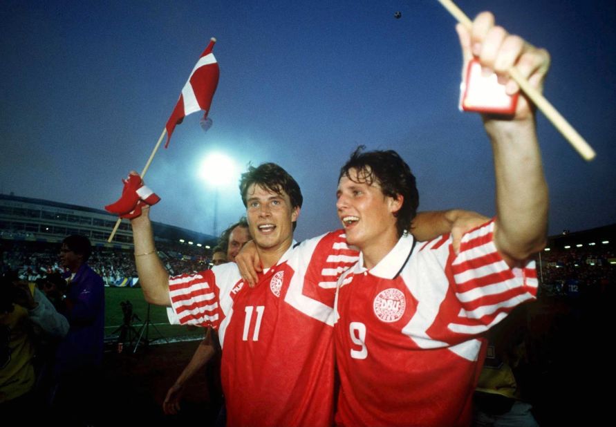 Denmark didn't qualify for the Euro 1992 finals in Sweden but war-torn Yugoslavia were prevented from appearing, meaning group runners-up Denmark took their place instead despite being totally unprepared. They failed to score in their opening two matches before beating France to scrape into the semfinals. They then proceeded to defeat holders Netherlands on penalties and world champions Germany 2-0 in the final to become the unlikeliest winners of all time.