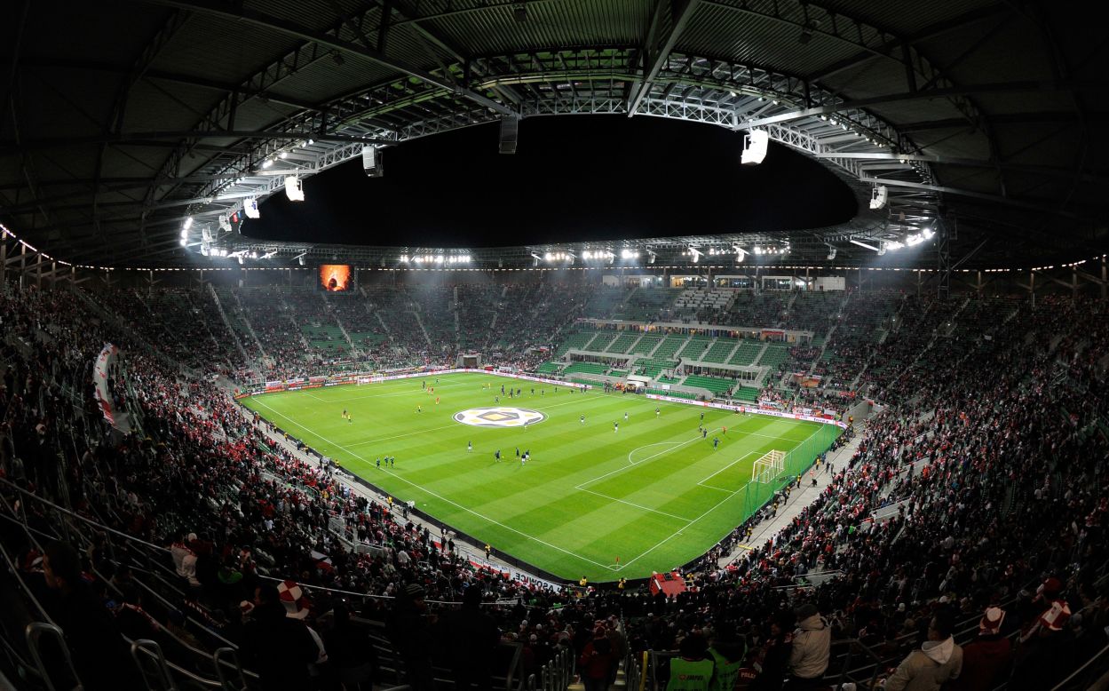The Municipal Stadium in Wroclaw holds 42,000 fans and will be the venue for three Group A clashes.  Home to Polish team Slask Wroclaw, the arena was opened in September.