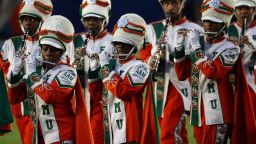The Florida A&M University marching band performs on the field prior to Super Bowl XLIV on February 7, 2010. 