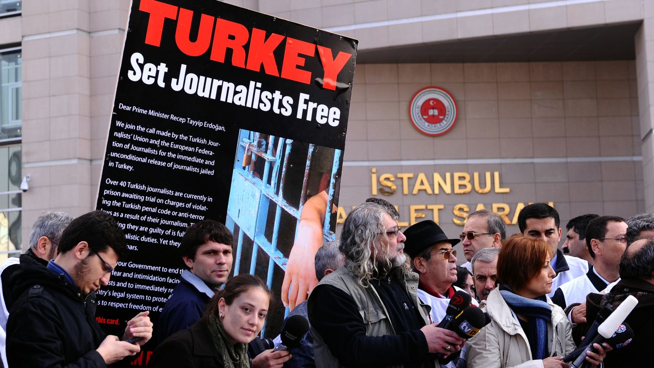 Journalists and human right activists protest in front of the courthouse in Istanbul during the trial of several journalists.