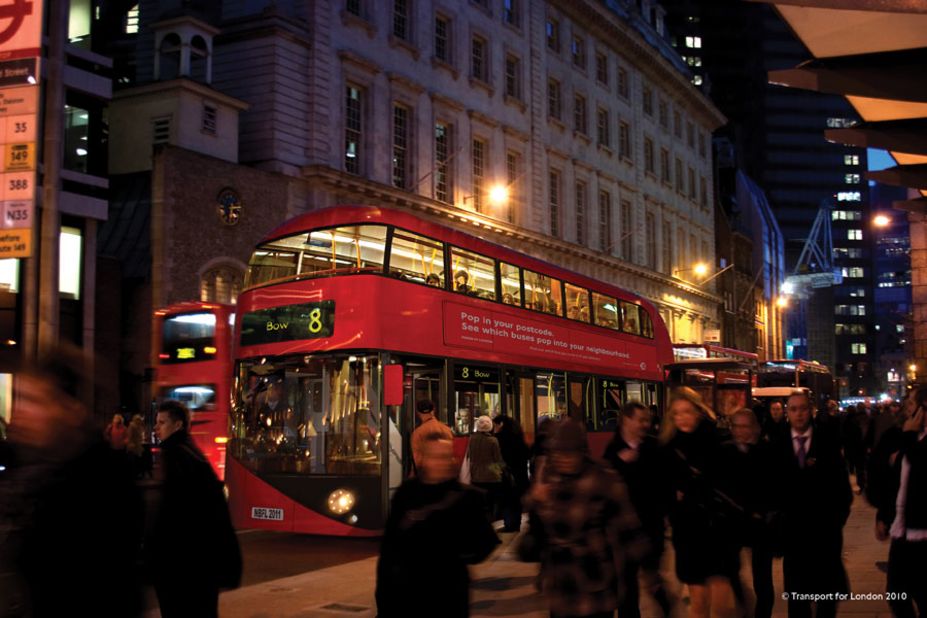 The new Routemaster bus has been designed by Thomas Heatherwick. This is an artist's impression of how it will look on the bustling streets of the UK capital.  