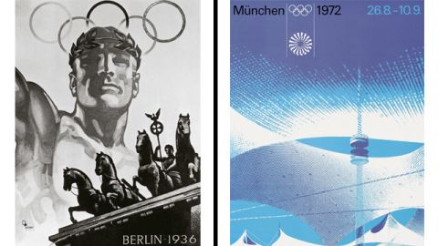 The poster used for the Berlin Games in 1936 and the one used for Munich 1972 show how art reflected political change in Germany between the two events.