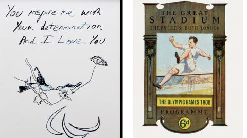 Acclaimed artist Tracey Emin's London 2012 poster (left), alongside the poster which was used when London first hosted the Games in 1908.