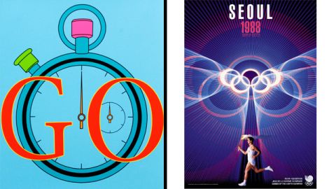 Irish artist Michael Craig-Martin created the poster on the left, next to the one used for the Seoul Games in 1988.