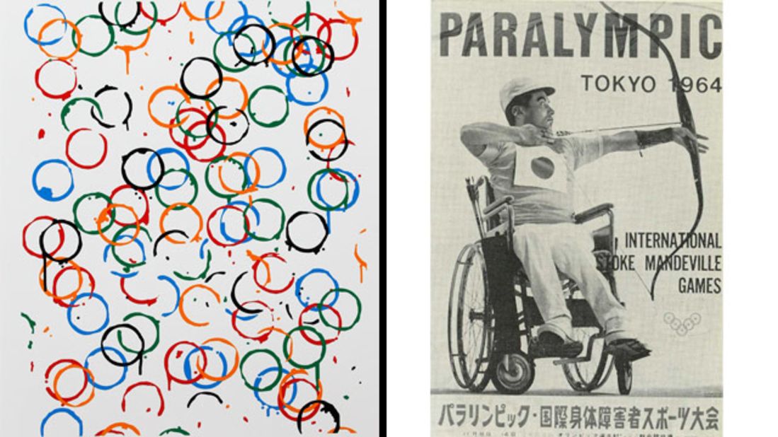 Rachel Whiteread's poster displays the various colors of the five Olympic rings, while the image on the right was used for the Tokyo Paralympics in 1964.