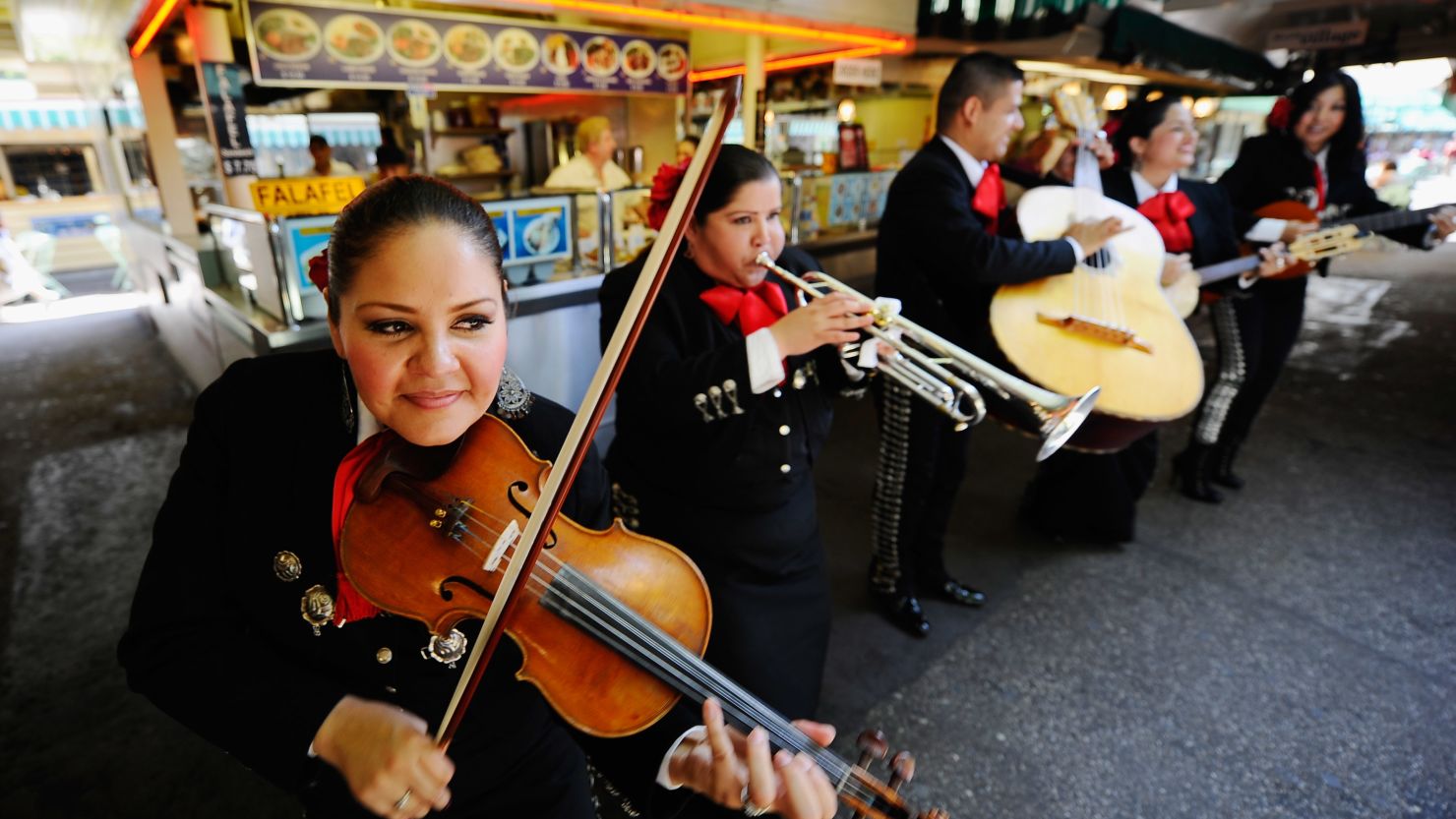 Members of the Mariachi band, Ellas Son, perform during Cinco de Mayo festivities on May 5, 2011, in Los Angeles.