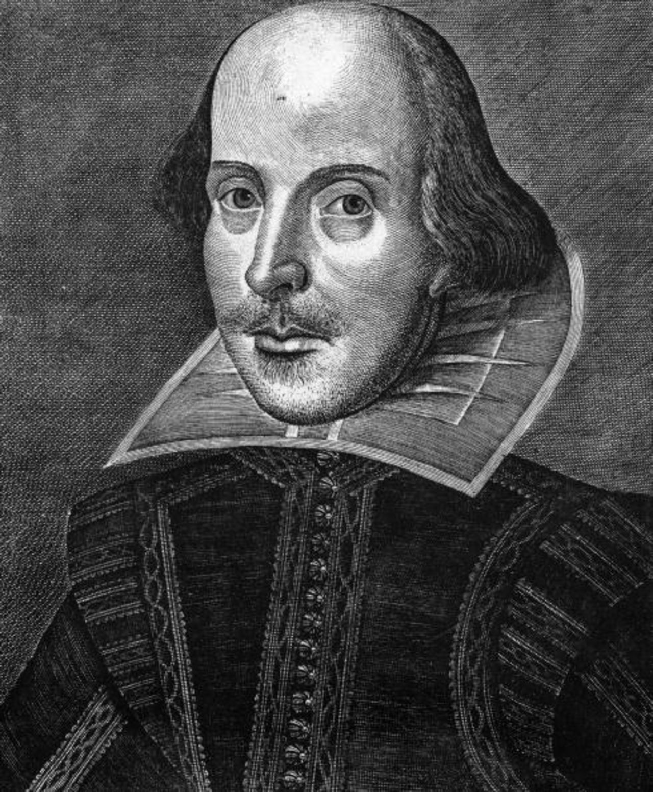 The best-known picture of Shakespeare is this one, from the First Folio, published in 1623. Shakespeare died in 1616; it will be 400 years since his death next year.