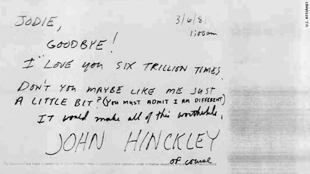 This farewell note was slipped under Foster's dorm room door only 31/2 weeks before Hinckley shot President Reagan. "Don't you maybe like me just a little bit? You must admit I am different," said the note, which was signed "John Hinckley of course."