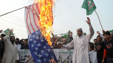 Pakistani Islamists burn a U.S. flag following mistaken NATO strikes that killed 24 Pakistan troops.