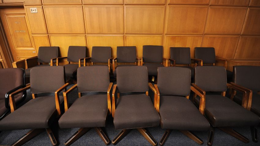 A view of a jury box in a downtown Los Angeles courtroom.