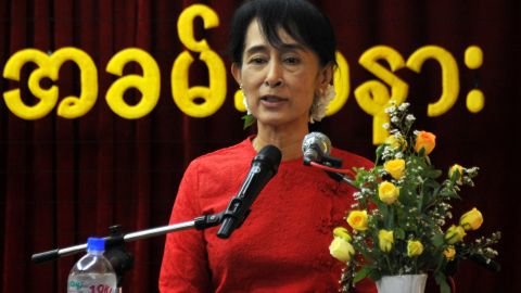 Pro-democracy leader Aung San Suu Kyi speaks at National League for Democracy party headquarters in Yangon in November.