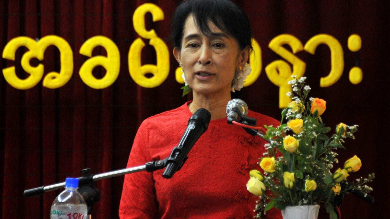 Myanmar's democracy icon, Aung San Suu Kyi, speaks at the National League for Democracy's party headquarters in the capital of Naypyidaw on November 20.