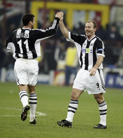 Under the late Bobby Robson, Speed played in the European Champions League for Newcastle, congratulating Alan Shearer here on his goal against Inter Milan. Shearer said he was "proud to call Gary Speed a friend."